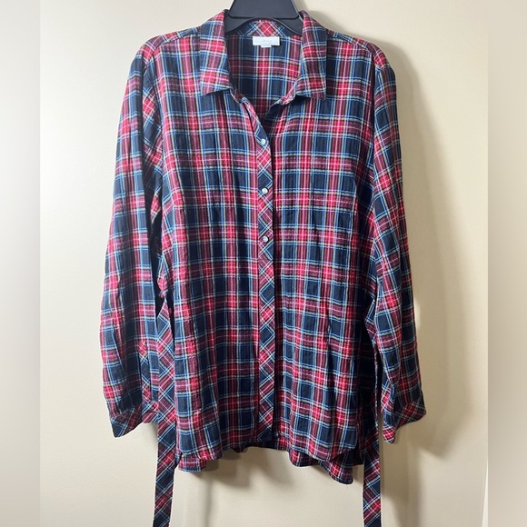 J. Jill Plaid Button Down Long Sleeve Tunic Shirt Tie Waist Large Farmhouse - Picture 7 of 7